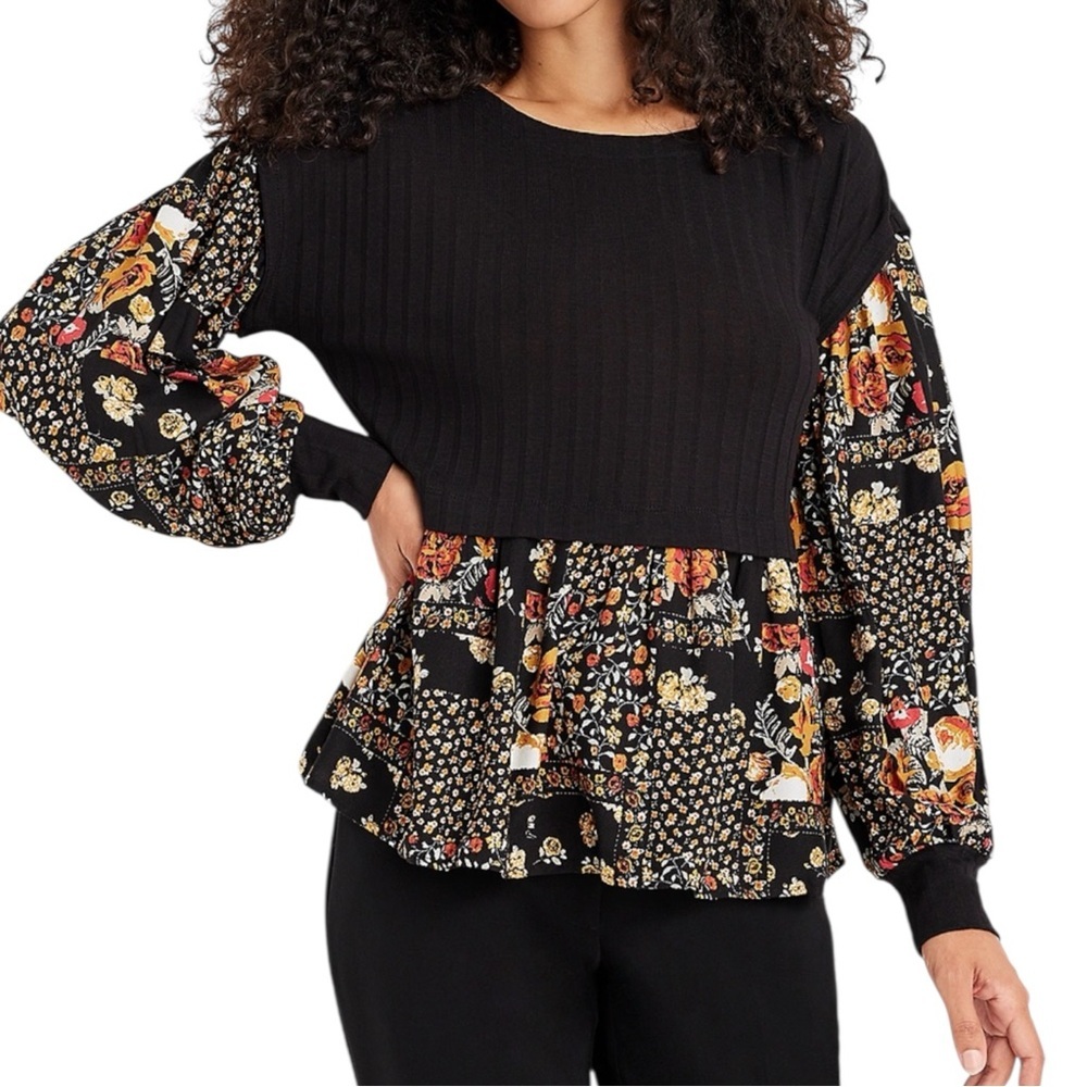 NWTS MAURICES BLACK FLORAL LAYERED PATCHWORK SCOOP NECK BLOUSE SZ LG
